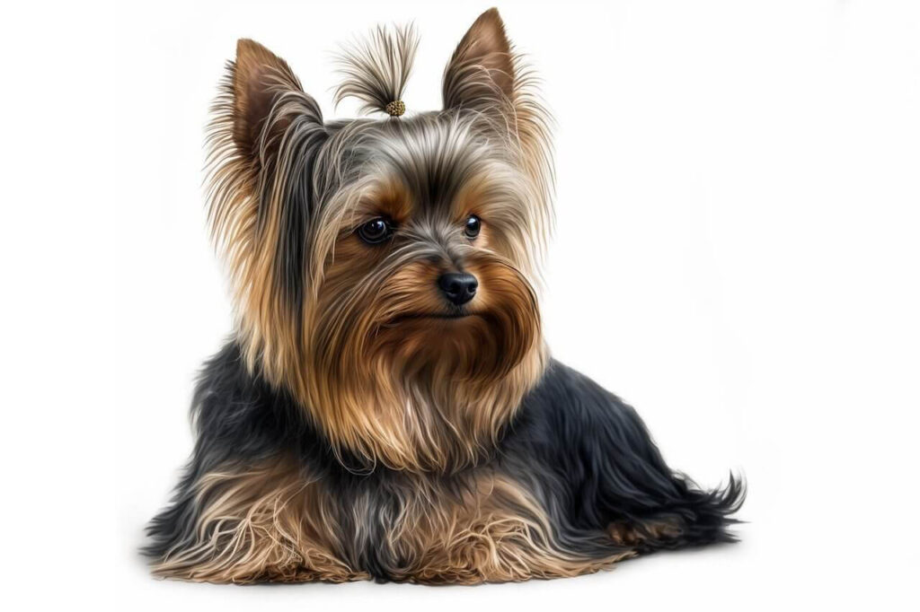 머리끈을 묶고 엎드려 왼쪽을 바라보고 있는 요크셔 테리어(Yorkshire Terrier)