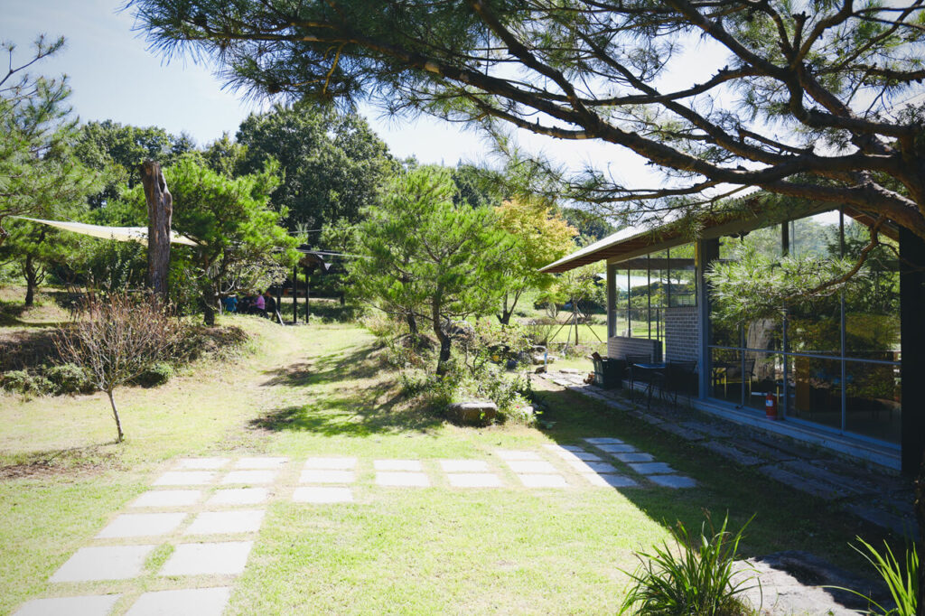 유리 벽면 건물 앞에 디딤돌이 있는 잔디밭과 나무들이 어우러져 있는 뭐하농 하우스(Mohanong house)의 외부 모습