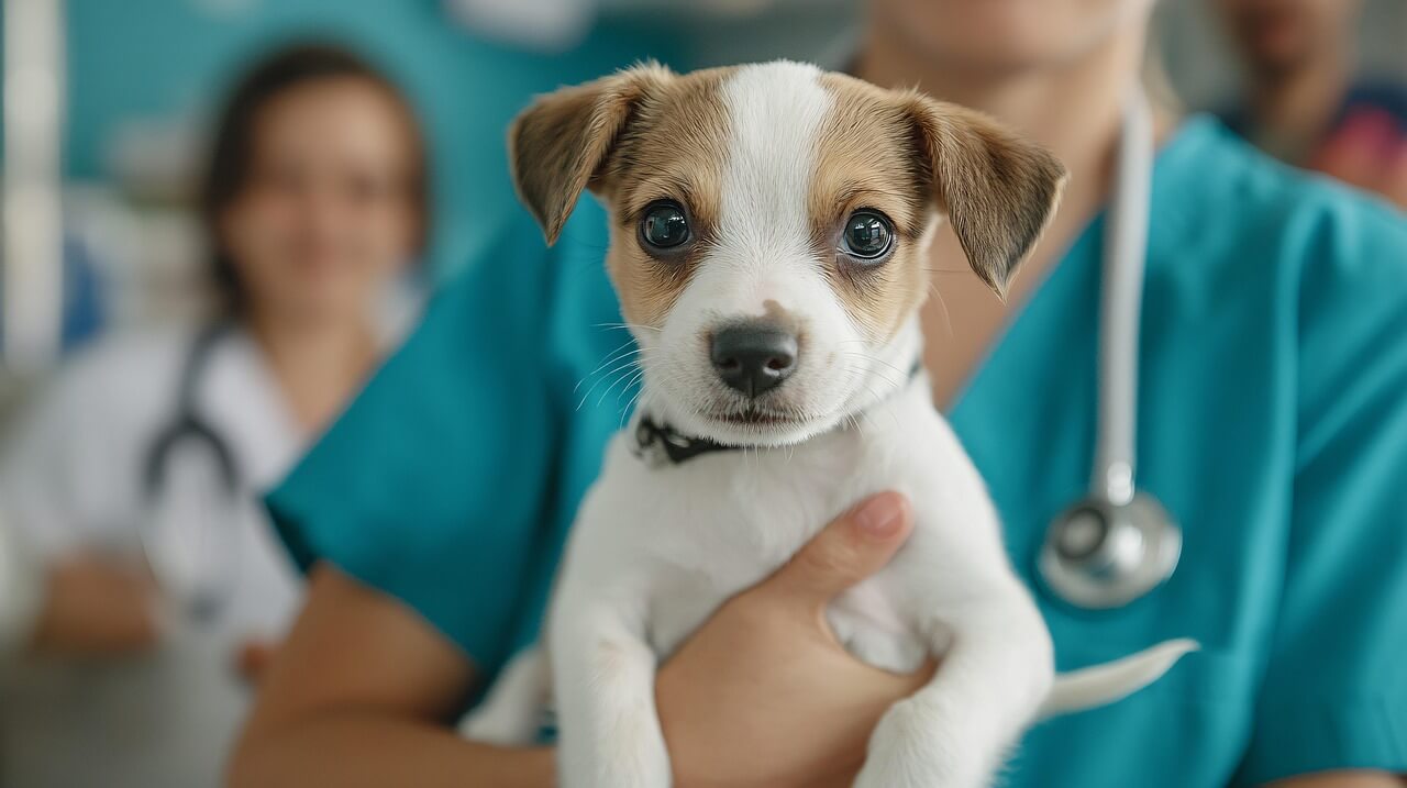 Dog-Vaccination-shot_02 파란색 옷을 입은 수의사에게 안겨있는 강아지